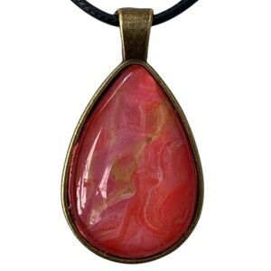 Handmade Red Fluid Art Teardrop Pendant Necklace Unique Glass Cabochon Jewelry